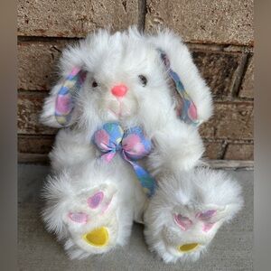 Vintage Easter Bunny Plush Floral Ears Embroidered Paws 10" Stuffed Rabbit 1980s